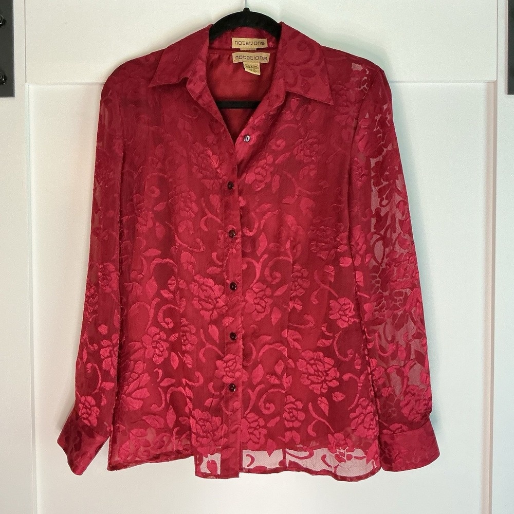 Vintage Notations Blouse & Shell Women's Small Red Lace Sheer Whimsigoth Vamp